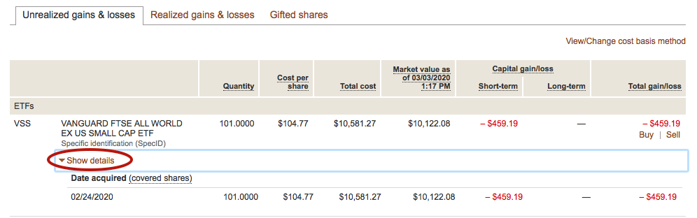 Under Show details, Spec ID shows the different lots of ETF purchased 