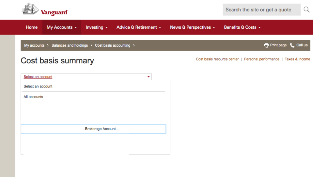 In the Cost Basis Summary page, select your Brokerage Account