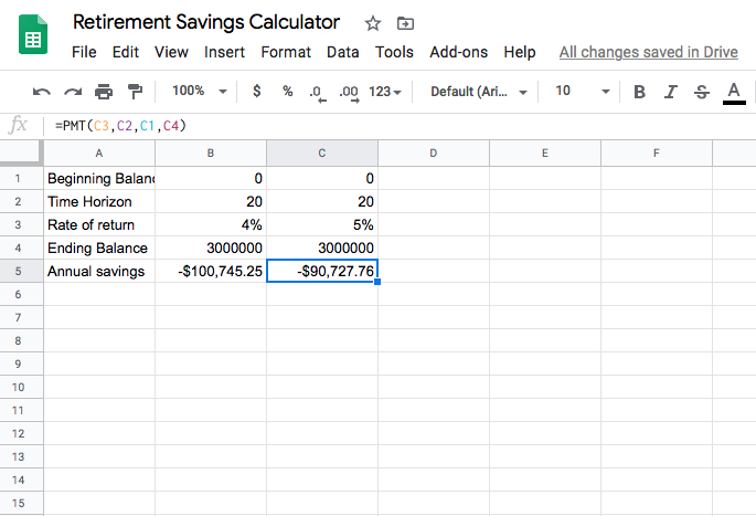 Google sheet showing PMT function with 5% rate of return