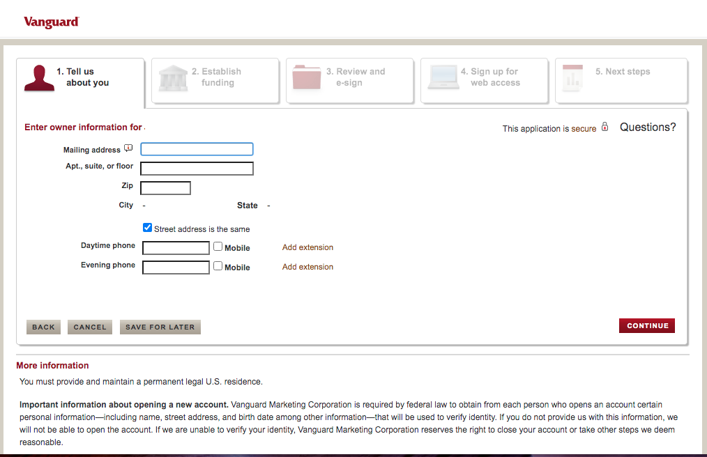 Enter address and phone number: Vanguard.com