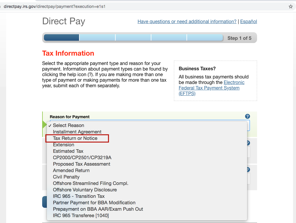 irs.gov direct pay: reason for Tax payment