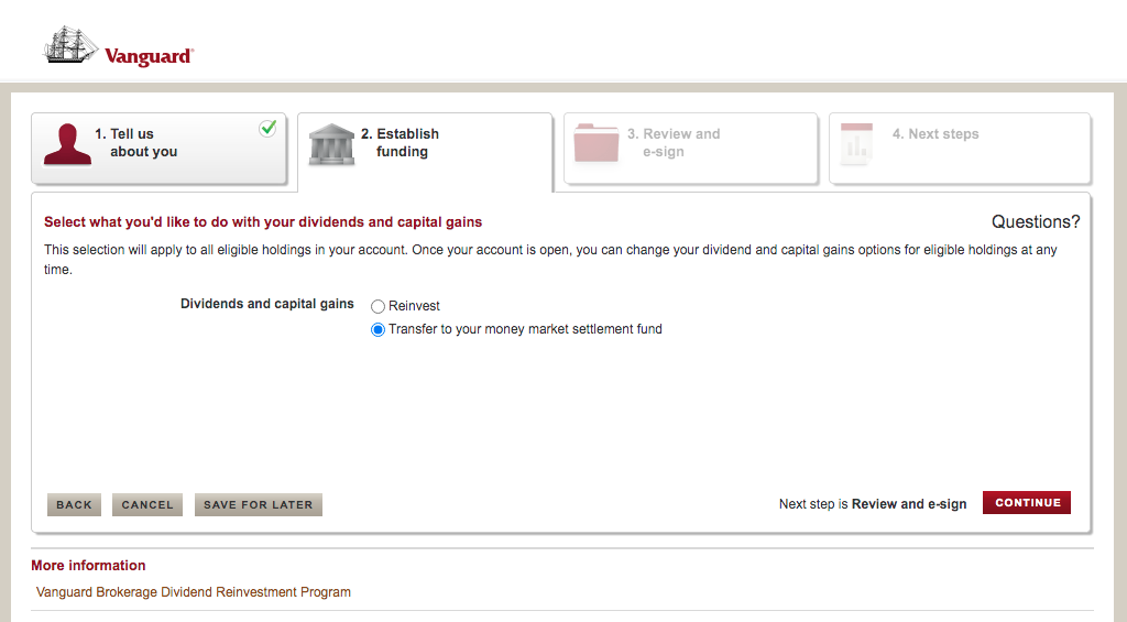 Select what you'd like to do with dividends and capital gains: Vanguard.com page