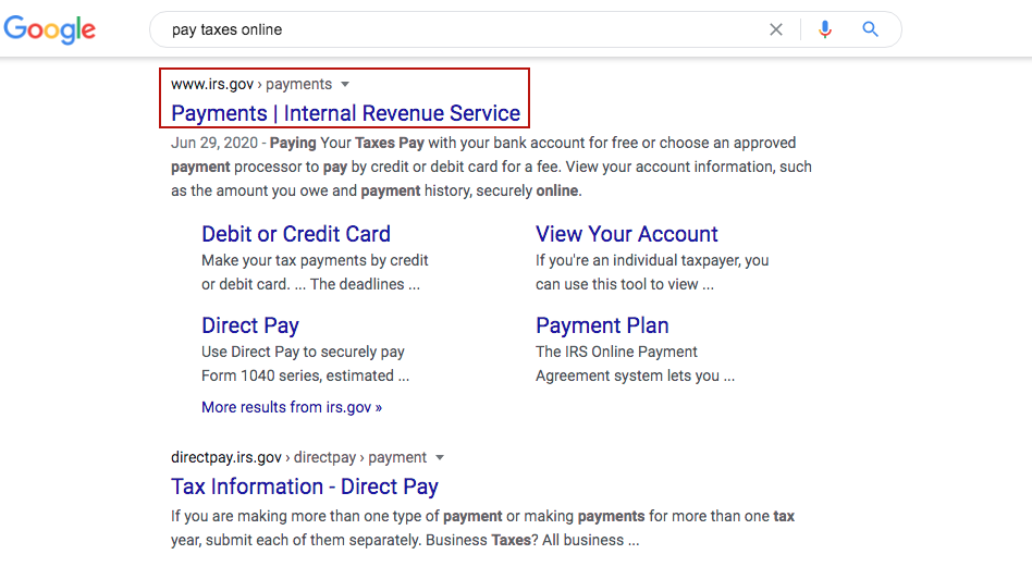 Google search results: irs.gov/payments