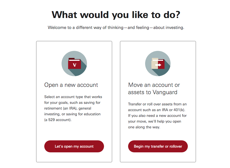 Open a new account or Move assets to Vanguard.com page