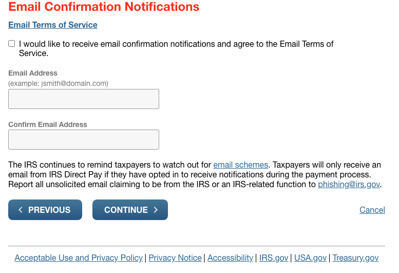 irs.gov direct pay: make payment: email confirmation