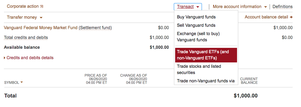 Transact tab: Vanguard.com