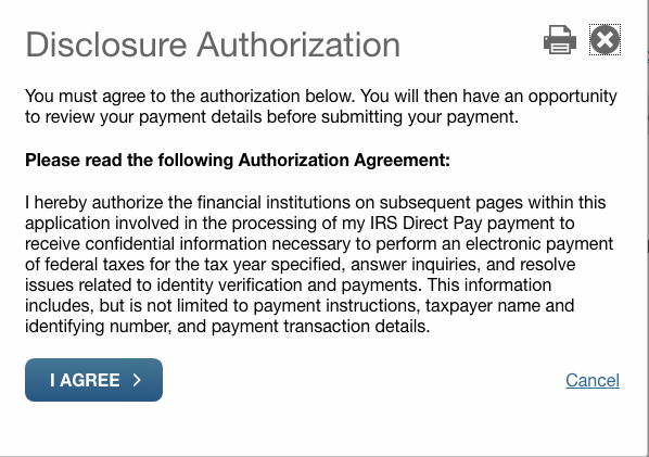 irs.gov direct pay: make payment: disclosure authorization