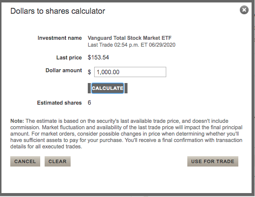 Dollars to shares calculator: Vanguard.com