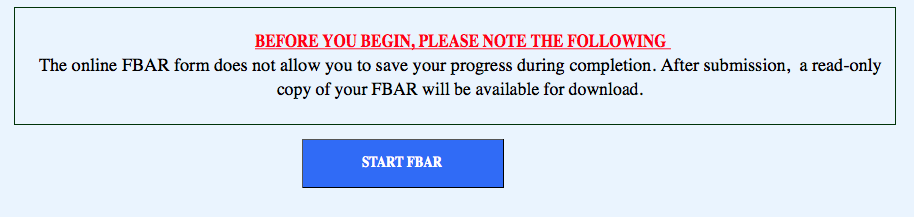 FBAR cannot be saved for later retrieval and completion