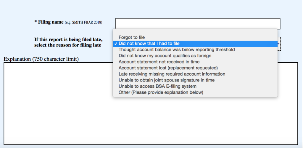 Reasons for filing late: drop-down menu