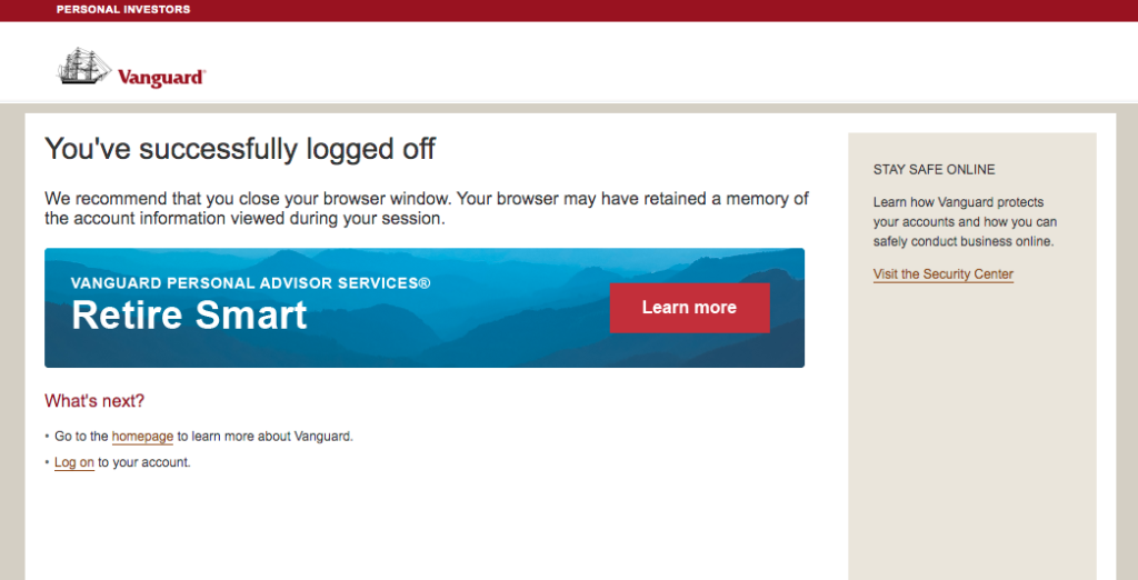 Log off screen after you open your taxable account at Vanguard