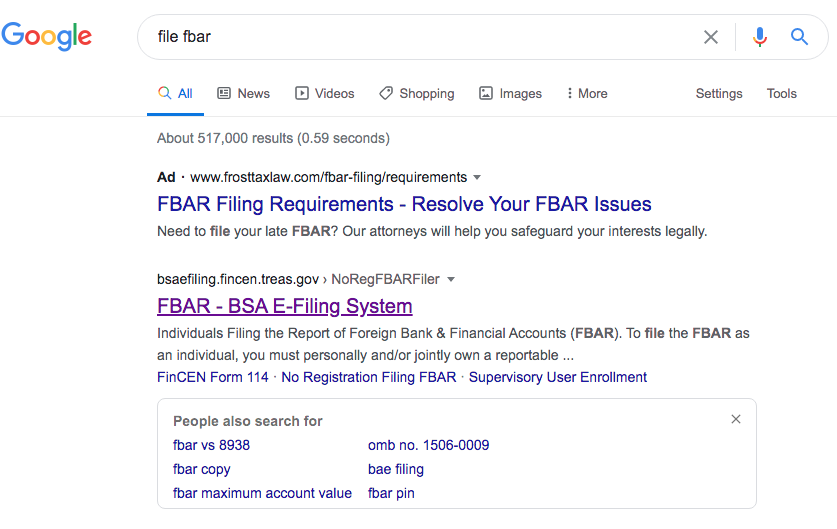 Google.com results for file FBAR