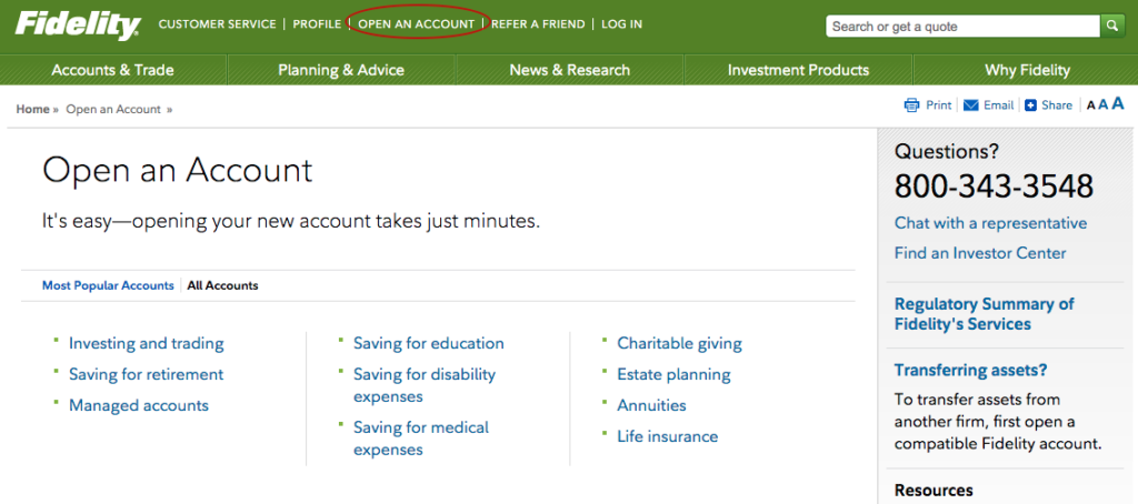 Fidelity homepage with Open An account tab: Fidelity.com