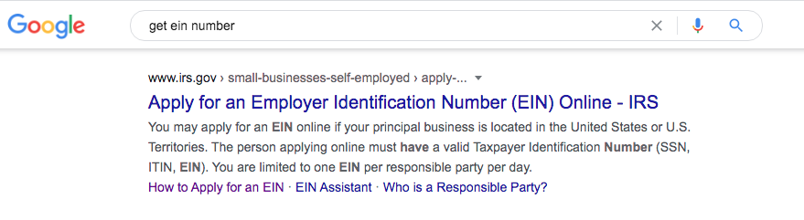 IRS webpage in results of Google search