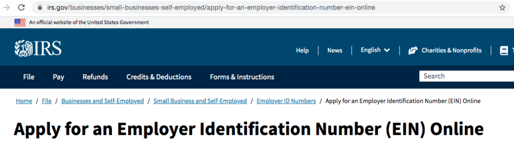 IRS webpage for online eIN