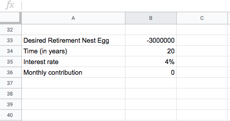 enter assumptions: desired nest egg, time in years, interest rate, and monthly contributions in Google sheet