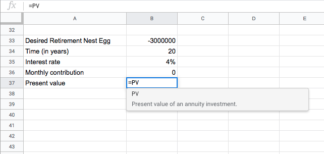 Present Value function in Google sheets